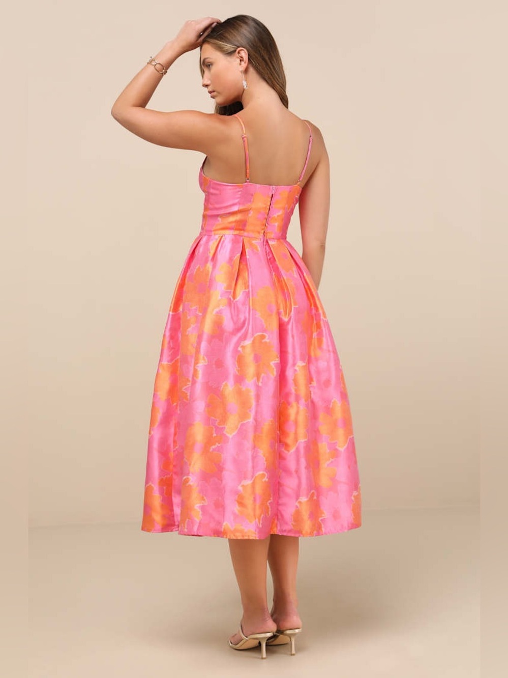 Lulus Vivinna Pink and Orange Floral Jacquard Pleated Midi Dress Size M NWT - Picture 5 of 15